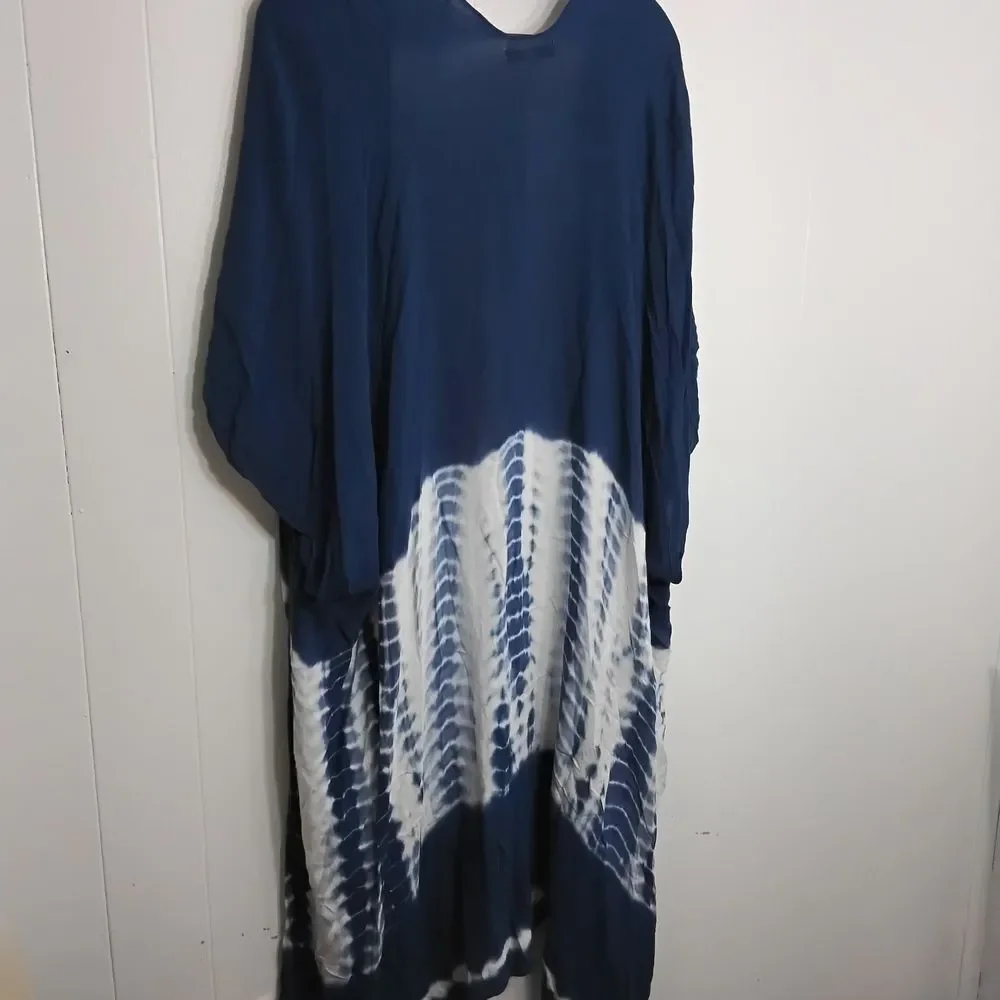 Woven Heart Navy and White Tie-Dye Draped Open Kimono